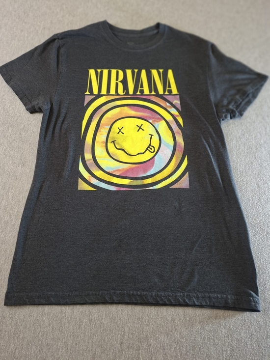 NIRVANA Tops - NIRVANA Black Tee with Yellow Smiley and Multicolor Swirl